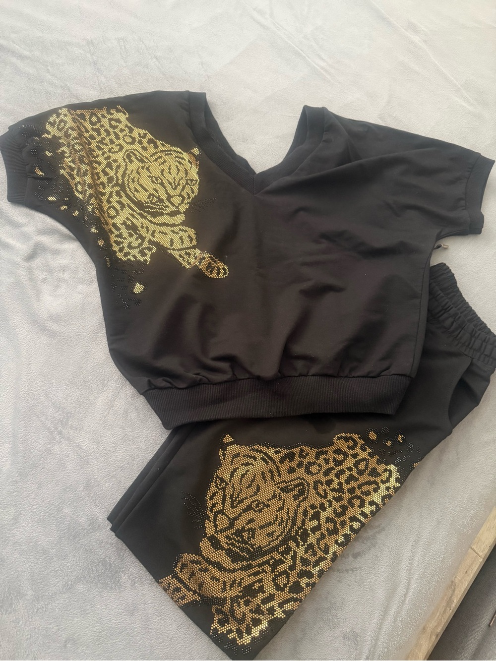 Black Kids Two-Piece Top & Jogger Set with Gold Leopard Print